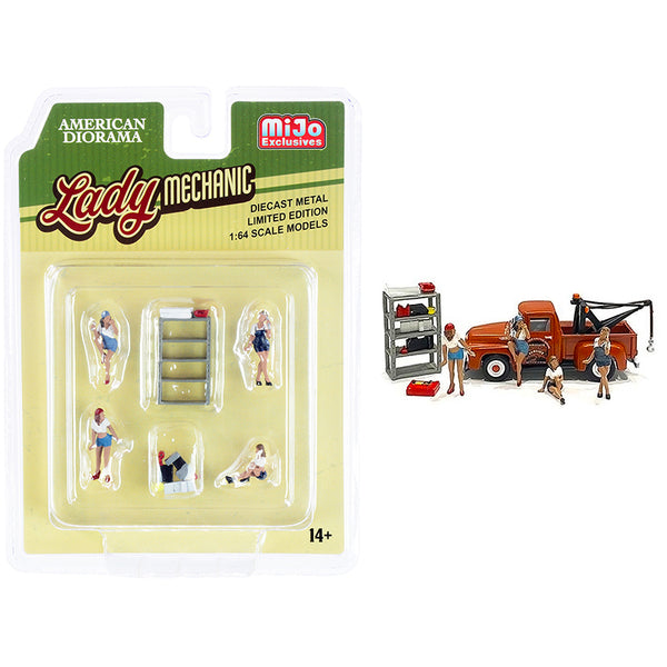 "Lady Mechanic" 6 piece Diecast Set (4 Figurines and 2 Accessories) for 1/64 Scale Models by American Diorama