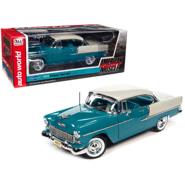 1955 Chevrolet Bel Air Skyline Blue and India Ivory White "Hemmings Classic Car Magazine Cover Car" "American Muscle" Series 1/18 Diecast Model Car by Auto World