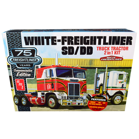 Skill 3 Model Kit White Freightliner SD/DD Truck Tractor 2-in-1 Kit with Display Base "75th Freightliner Anniversary" Commemorative Edition 1/25 Scale Model by AMT