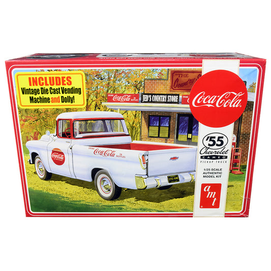 Skill 3 Model Kit 1955 Chevrolet Cameo Pickup Truck "Coca-Cola" with Vintage Vending Machine and Dolly 1/25 Scale Model by AMT