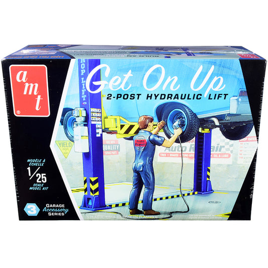 Skill 2 Model Kit Garage Accessory Set #3 (2-Post Hydraulic Lift) with Figurine "Get On Up" 1/25 Scale Model by AMT