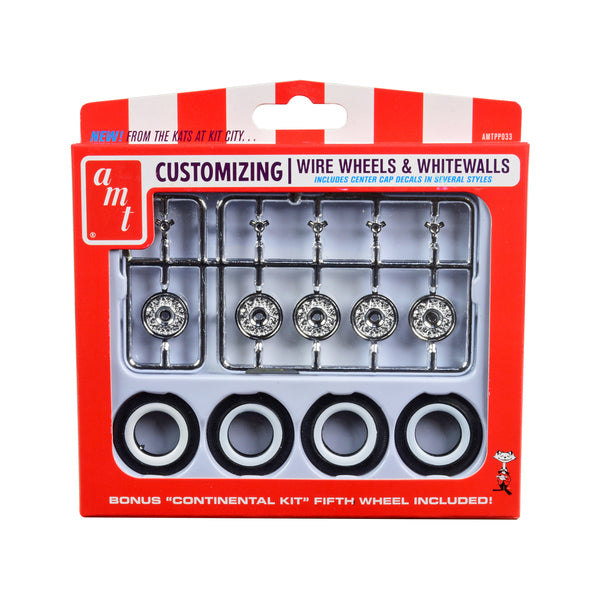 Skill 2 Model Kit Wire Wheels and Whitewall Tires Set of 5 Pieces for 1/25 Scale Models by AMT