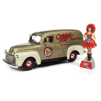 1951 GMC Sedan Delivery Gold Metallic and Beige "Miller High Life" and "Miller Girl in the Moon" Resin Figure 1/25 Diecast Model Car by Auto World