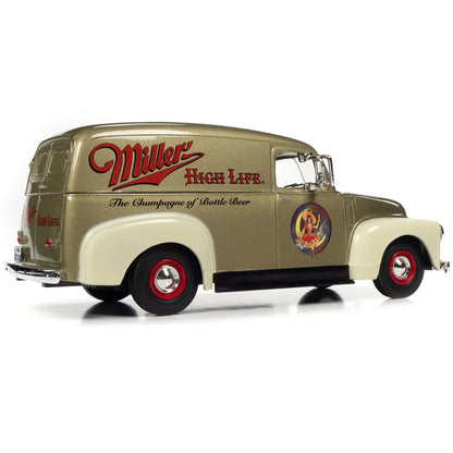 1951 GMC Sedan Delivery Gold Metallic and Beige "Miller High Life" and "Miller Girl in the Moon" Resin Figure 1/25 Diecast Model Car by Auto World