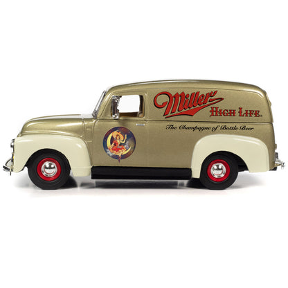 1951 GMC Sedan Delivery Gold Metallic and Beige "Miller High Life" and "Miller Girl in the Moon" Resin Figure 1/25 Diecast Model Car by Auto World