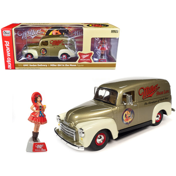 1951 GMC Sedan Delivery Gold Metallic and Beige "Miller High Life" and "Miller Girl in the Moon" Resin Figure 1/25 Diecast Model Car by Auto World