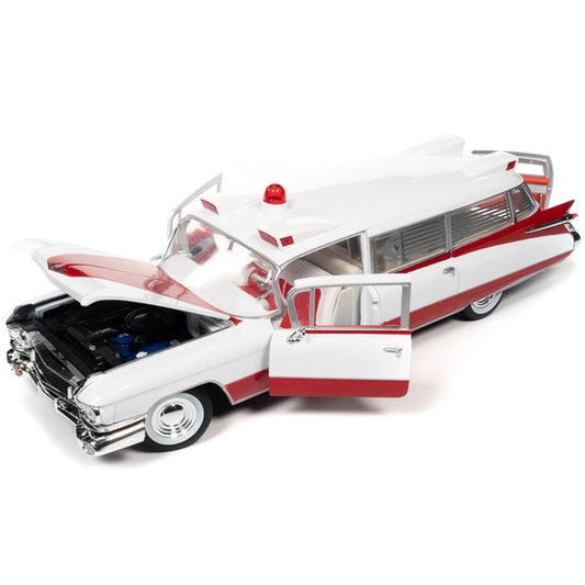 1959 Cadillac Eldorado Ambulance Red and White 1/18 Diecast Model by Auto World