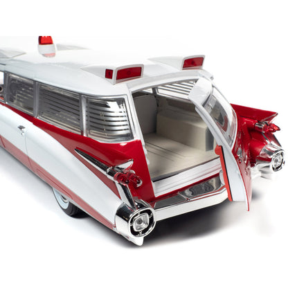 1959 Cadillac Eldorado Ambulance Red and White 1/18 Diecast Model by Auto World