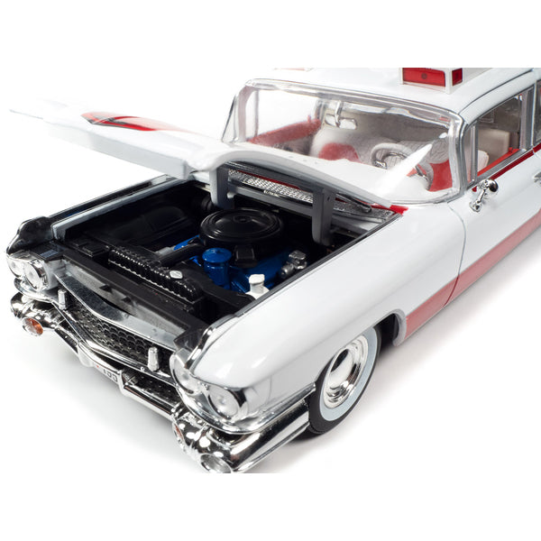 1959 Cadillac Eldorado Ambulance Red and White 1/18 Diecast Model by Auto World