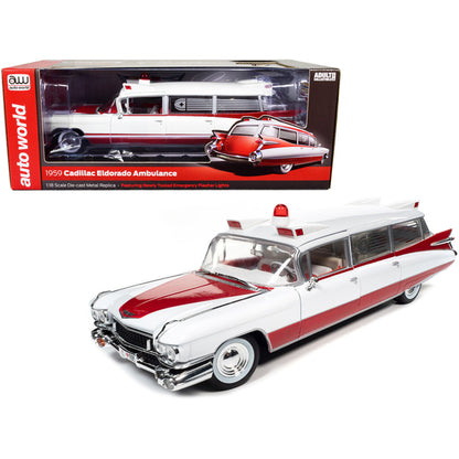 1959 Cadillac Eldorado Ambulance Red and White 1/18 Diecast Model by Auto World