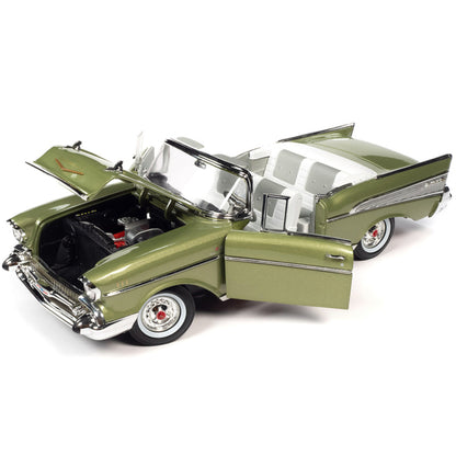 1957 Chevrolet Bel Air Convertible Laurel Green Metallic with White Interior 1/18 Diecast Model Car by Auto World