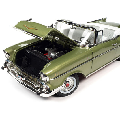 1957 Chevrolet Bel Air Convertible Laurel Green Metallic with White Interior 1/18 Diecast Model Car by Auto World