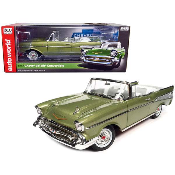 1957 Chevrolet Bel Air Convertible Laurel Green Metallic with White Interior 1/18 Diecast Model Car by Auto World