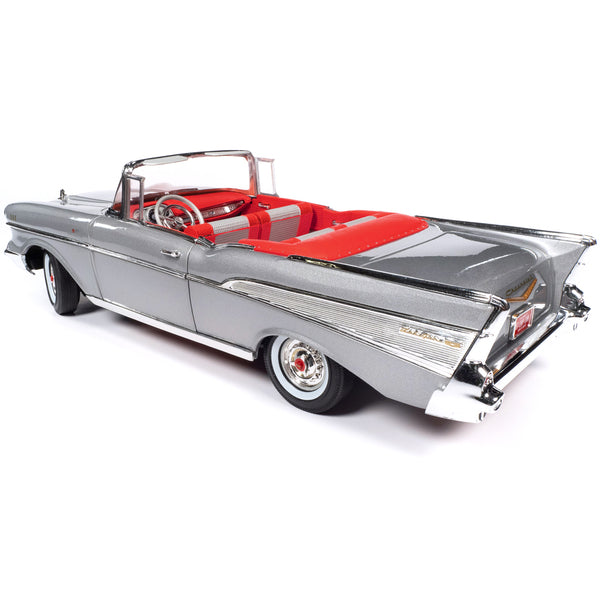 1957 Chevrolet Bel Air Convertible Inca Silver Metallic with Red and Silver Interior 1/18 Diecast Model Car by Auto World