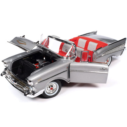 1957 Chevrolet Bel Air Convertible Inca Silver Metallic with Red and Silver Interior 1/18 Diecast Model Car by Auto World