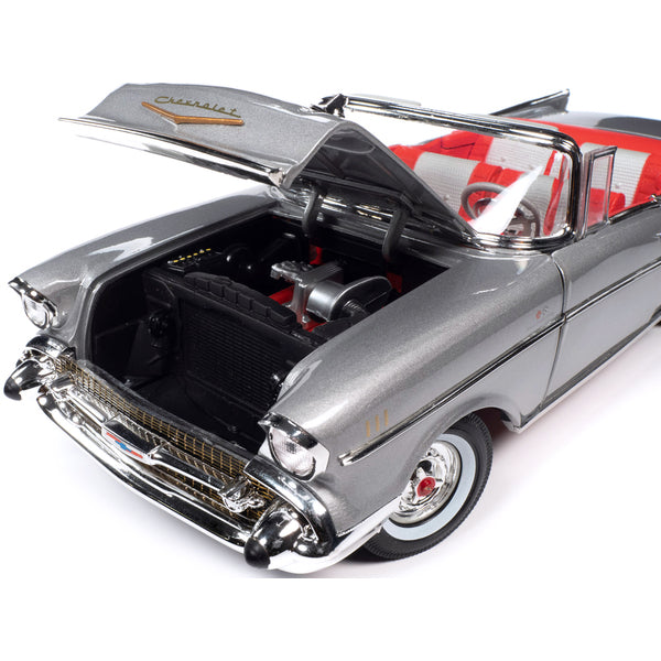 1957 Chevrolet Bel Air Convertible Inca Silver Metallic with Red and Silver Interior 1/18 Diecast Model Car by Auto World