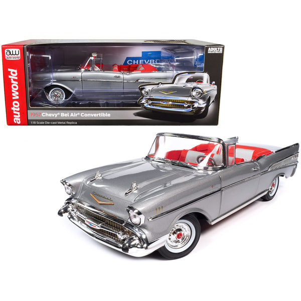 1957 Chevrolet Bel Air Convertible Inca Silver Metallic with Red and Silver Interior 1/18 Diecast Model Car by Auto World