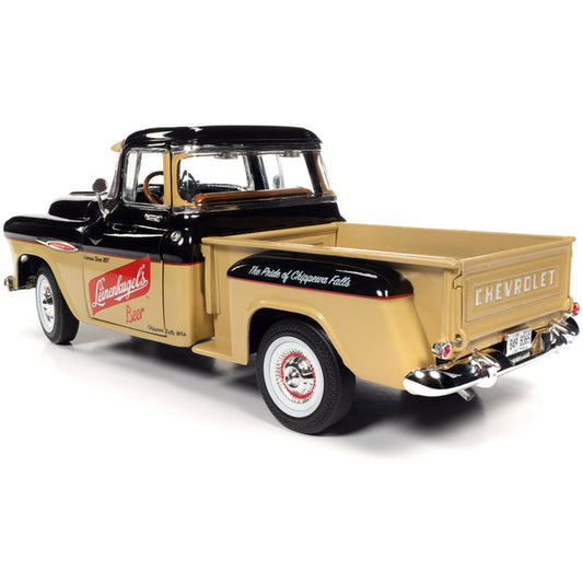 1957 Chevrolet 3100 Stepside Pickup Truck Black and Tan with Graphics "Leinenkugle's Beer The Pride of Chippewa Falls" 1/18 Diecast Model by Auto World