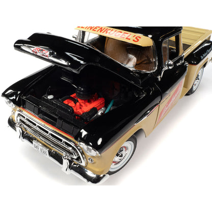 1957 Chevrolet 3100 Stepside Pickup Truck Black and Tan with Graphics "Leinenkugle's Beer The Pride of Chippewa Falls" 1/18 Diecast Model by Auto World