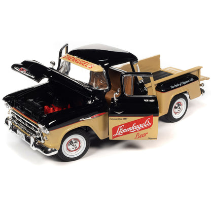 1957 Chevrolet 3100 Stepside Pickup Truck Black and Tan with Graphics "Leinenkugle's Beer The Pride of Chippewa Falls" 1/18 Diecast Model by Auto World