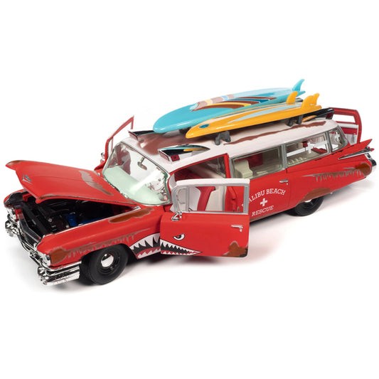 1959 Cadillac Eldorado Ambulance Red with White Top "Malibu Beach Rescue" (Weathered) with Surfboards on Roof "Surf Shark" 1/18 Diecast Model Car by Auto World