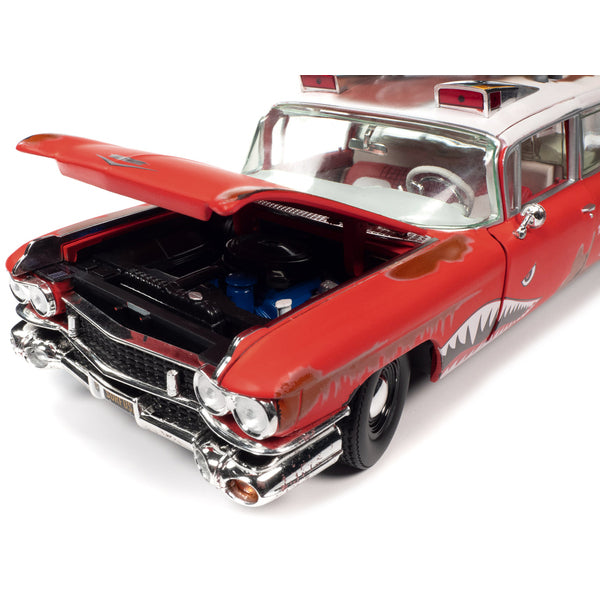 1959 Cadillac Eldorado Ambulance Red with White Top "Malibu Beach Rescue" (Weathered) with Surfboards on Roof "Surf Shark" 1/18 Diecast Model Car by Auto World