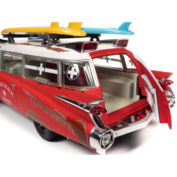 1959 Cadillac Eldorado Ambulance Red with White Top "Malibu Beach Rescue" (Weathered) with Surfboards on Roof "Surf Shark" 1/18 Diecast Model Car by Auto World