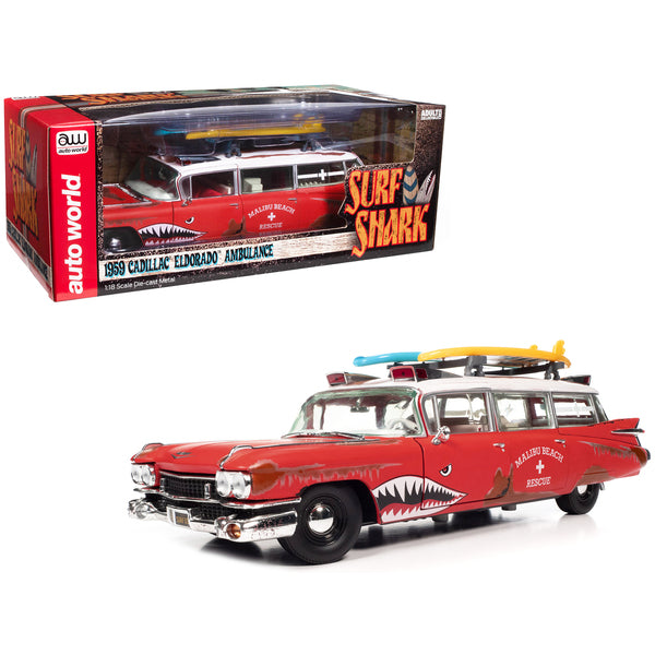 1959 Cadillac Eldorado Ambulance Red with White Top "Malibu Beach Rescue" (Weathered) with Surfboards on Roof "Surf Shark" 1/18 Diecast Model Car by Auto World