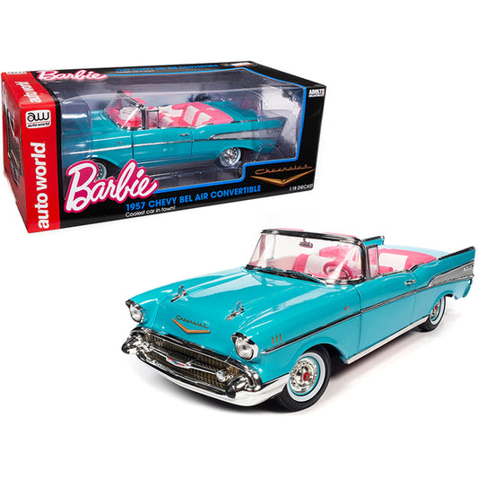 1957 Chevrolet Bel Air Convertible Aqua Blue with Pink Interior "Barbie" "Silver Screen Machines" 1/18 Diecast Model Car by Auto World