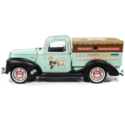 1940 Ford Pickup Truck "Property Management" Light Green with Graphics and Mr. Monopoly Construction Resin Figure "Monopoly" 1/18 Diecast Model Car by Auto World