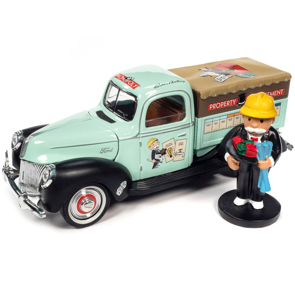 1940 Ford Pickup Truck "Property Management" Light Green with Graphics and Mr. Monopoly Construction Resin Figure "Monopoly" 1/18 Diecast Model Car by Auto World