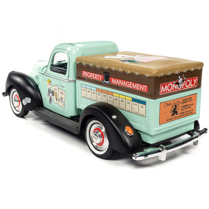 1940 Ford Pickup Truck "Property Management" Light Green with Graphics and Mr. Monopoly Construction Resin Figure "Monopoly" 1/18 Diecast Model Car by Auto World