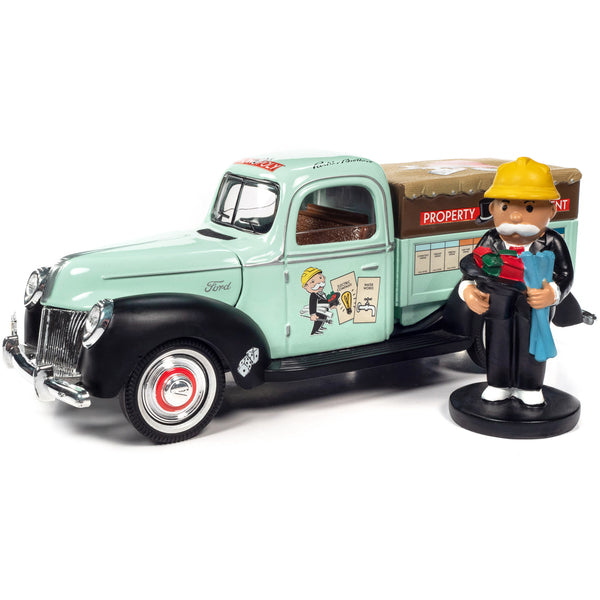 1940 Ford Pickup Truck "Property Management" Light Green with Graphics and Mr. Monopoly Construction Resin Figure "Monopoly" 1/18 Diecast Model Car by Auto World