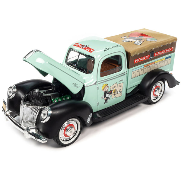 1940 Ford Pickup Truck "Property Management" Light Green with Graphics and Mr. Monopoly Construction Resin Figure "Monopoly" 1/18 Diecast Model Car by Auto World