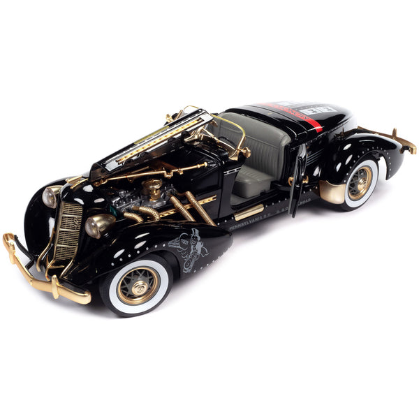 1935 Auburn 851 Speedster Black with "Monopoly" Graphics and Mr. Monopoly Resin Figure 1/18 Diecast Model Car by Auto World