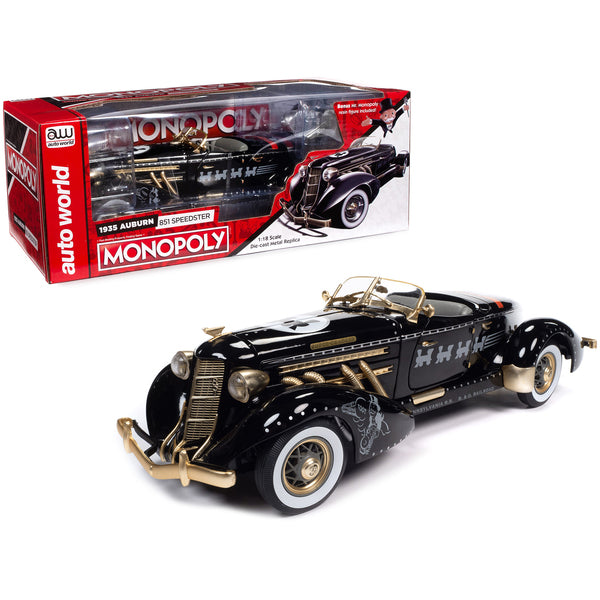 1935 Auburn 851 Speedster Black with "Monopoly" Graphics and Mr. Monopoly Resin Figure 1/18 Diecast Model Car by Auto World