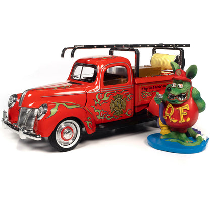 "Rat Fink" Fire Engine Truck Red with Graphics and Rat Fink Firefighter Resin Figure 1/18 Diecast Model Car by Auto World