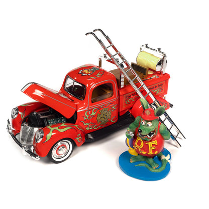 "Rat Fink" Fire Engine Truck Red with Graphics and Rat Fink Firefighter Resin Figure 1/18 Diecast Model Car by Auto World