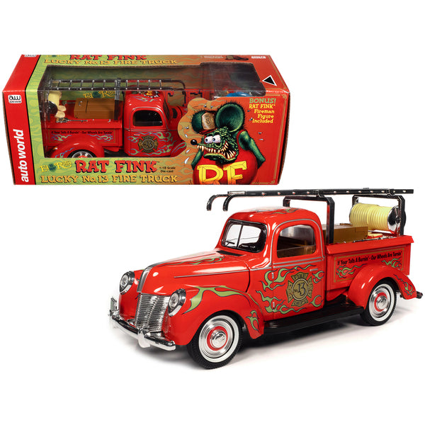 "Rat Fink" Fire Engine Truck Red with Graphics and Rat Fink Firefighter Resin Figure 1/18 Diecast Model Car by Auto World