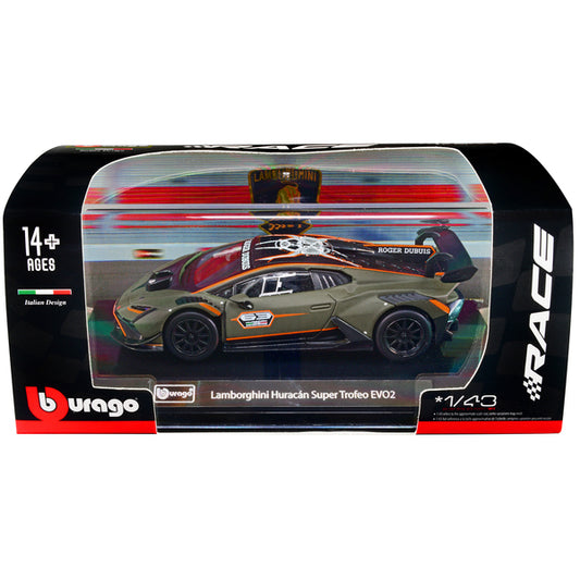 Lamborghini Huracan Super Trofeo EVO2 #63 Matt Green with Black Top and Graphics "Roger Dubuis" "Race" Series 1/43 Diecast Model Car by Bburago