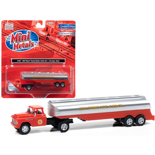 1957 Chevrolet Truck Tractor with Tanker Trailer Orange and Silver "Millstone Township Fire Co." 1/87 (HO) Scale Model by Classic Metal Works