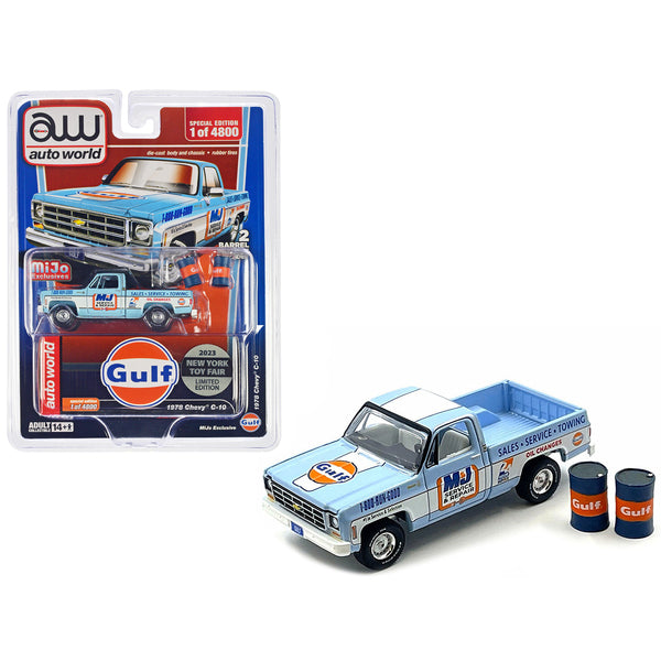 1978 Chevrolet C10 Pickup Truck Light Blue with White Stripes "Gulf Oil - M&J Service & Repair" with Barrel Accessories "2023 New York Toy Fair" Limited Edition to 4800 pieces Worldwide 1/64 Diecast Model Car by Auto World