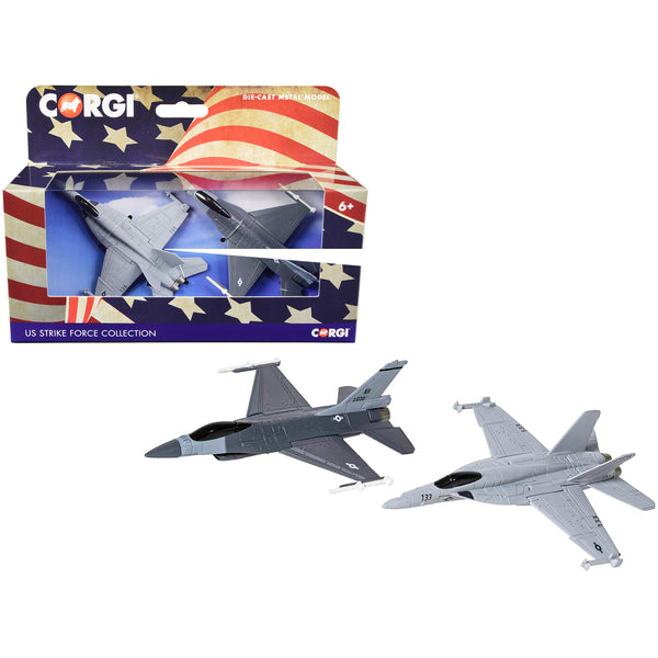 General Dynamics F-16 Fighting Falcon Fighter Aircraft and McDonnell Douglas F/A-18 Super Hornet Fighter Aircraft Set of 2 Pieces "US Strike Force Collection" Diecast Models by Corgi