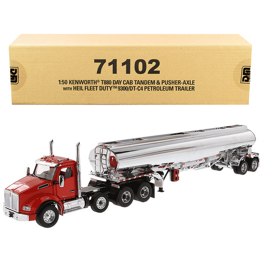 Kenworth T880 Day Cab Tandem Truck with Pusher-Axle and Heil Fleet Duty 9300/DT-C4 Petroleum Tanker Trailer Red and Chrome "Transport Series" 1/50 Diecast Model by Diecast Masters