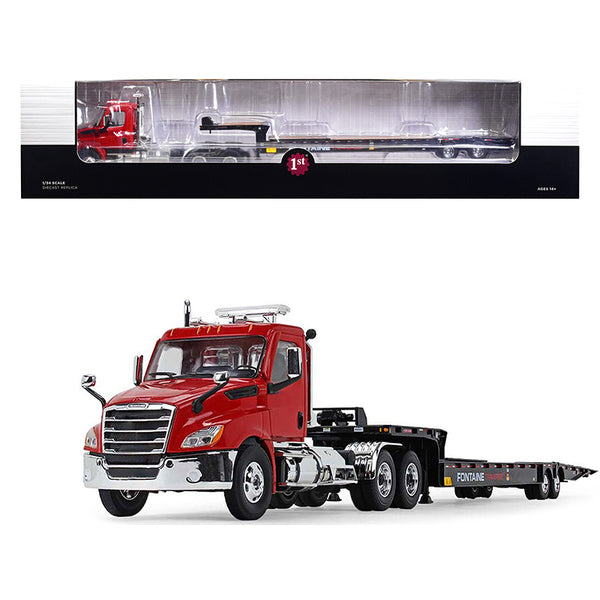 2018 Freightliner Cascadia Day Cab with Fontaine Traverse HT Hydraulic Tail Trailer Red and Black 1/34 Diecast Model by First Gear