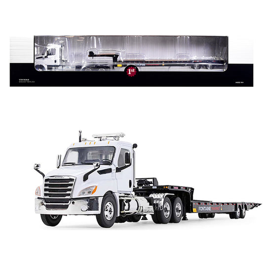 2018 Freightliner Cascadia Day Cab with Fontaine Traverse HT Hydraulic Tail Trailer White and Black 1/34 Diecast Model by First Gear