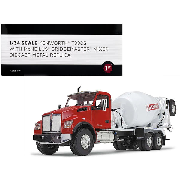 Kenworth T880S Truck with McNeilus Bridgemaster Cement Mixer Red and White 1/34 Diecast Model by First Gear