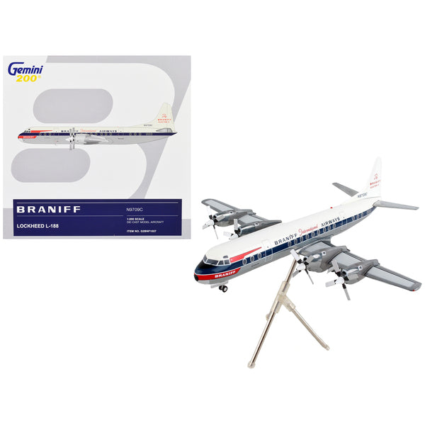 Lockheed L-188 Electra Commercial Aircraft "Braniff International Airways" White with Blue Stripes "Gemini 200" Series 1/200 Diecast Model Airplane by GeminiJets