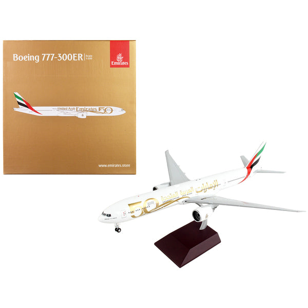 Boeing 777-300ER Commercial Aircraft "Emirates Airlines - 50th Anniversary of UAE" White with Striped Tail "Gemini 200" Series 1/200 Diecast Model Airplane by GeminiJets