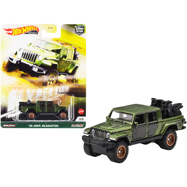 2020 Jeep Gladiator Rubicon Pickup Truck with Two Motorcycles Green Metallic and Gray "Hyper Haulers" Series Diecast Model Car by Hot Wheels